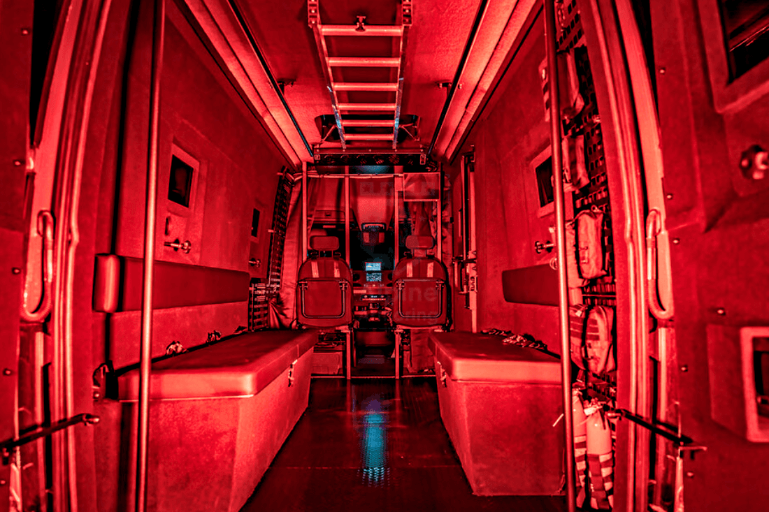 Mobile healthcare rig layout featuring clinical surfaces, storage, and workstation lighting — tailored for remote care.