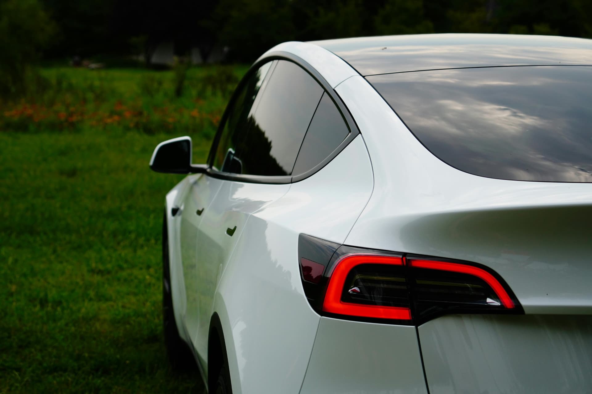 Tesla Model Y outfitted with custom roof gear, privacy upgrades, and clean OZK rear modifications.