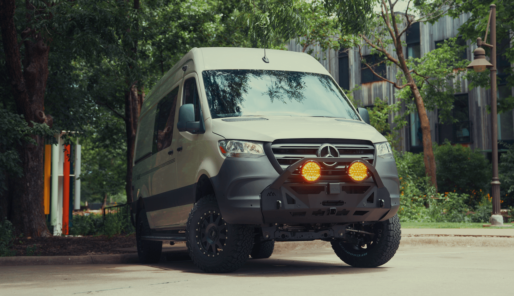 Buying a campervan checklist with a custom van parked in Fayetteville Arkansas